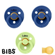 BIBS Colour Sutter med navn str 1, 2 Cornflower, 1 Matcha, Runde latex, Pakke med 3 sutter